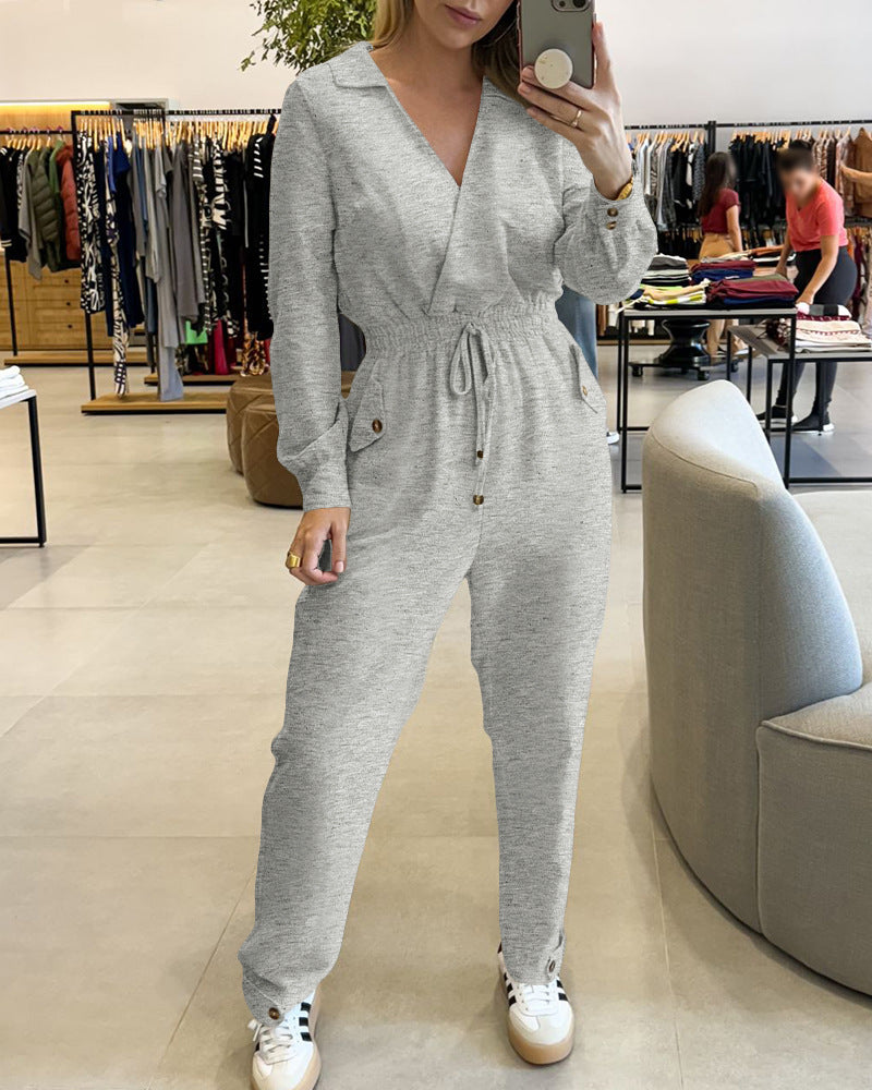 New Beige Lapel Low Cut Long Sleeve Jumpsuit