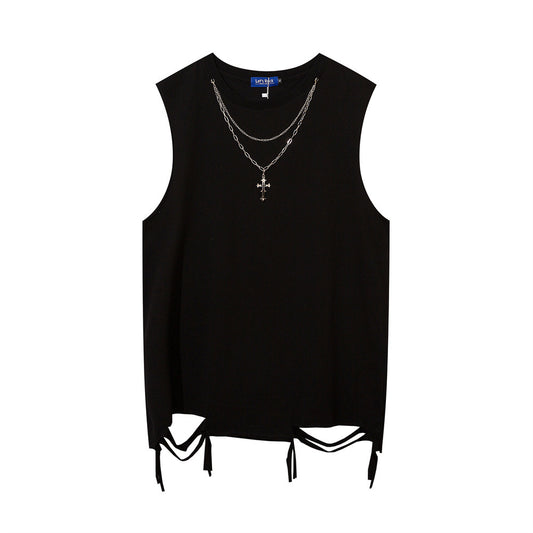 Men's Cotton Vest With Necklace And Broken Hem