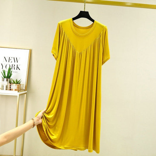 Loose Big Hem V-shaped Pleated Loose Belly-covering Short Sleeve Thin Nightdress