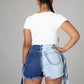 SHEIN SXY Two Tone Fringe Trim Raw Hem Denim Shorts