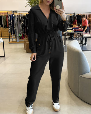 New Beige Lapel Low Cut Long Sleeve Jumpsuit