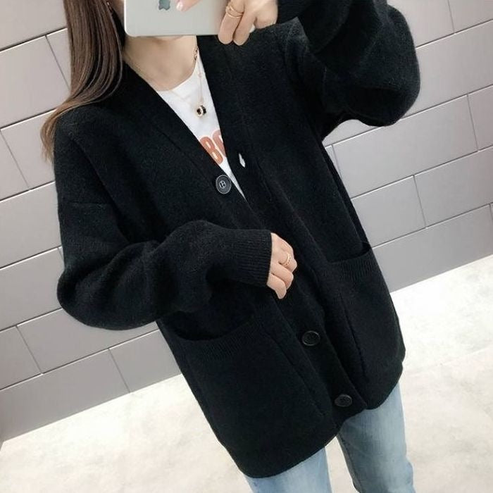 Korean Preppy Style Solid Color Sweater Women's Coat Spring And Autumn New Loose Knitted Cardigan