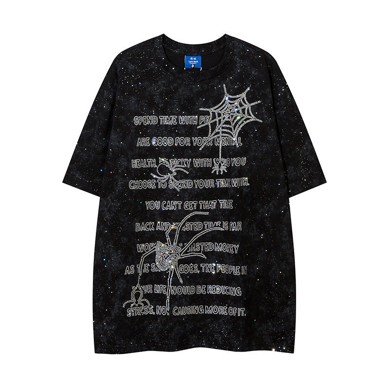 Spider Web Letters Rhinestone Short Sleeve Men