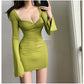 Women's Cross Pleated V-neck Solid Color Dress