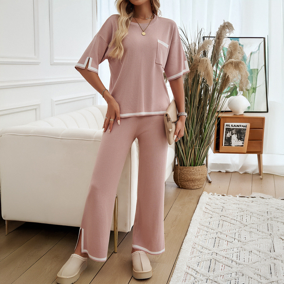 Lady Temperament Commuter Contrast Color Short Sleeve Trousers Suit