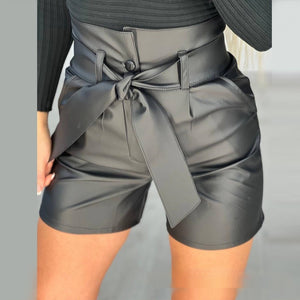 High Waist Black Strap Slim Fit Pu Shorts Belted