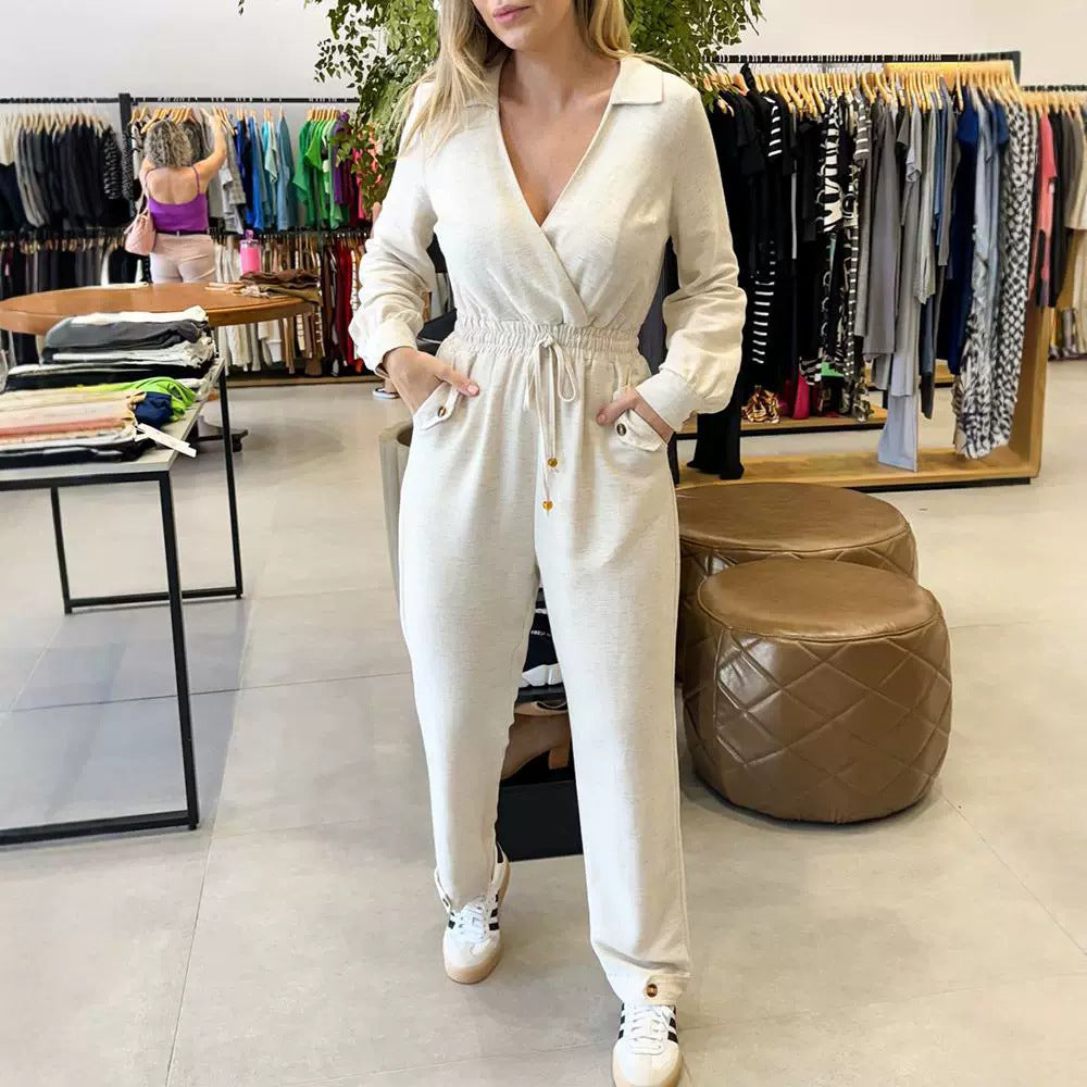 New Beige Lapel Low Cut Long Sleeve Jumpsuit