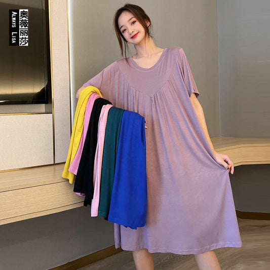 Loose Big Hem V-shaped Pleated Loose Belly-covering Short Sleeve Thin Nightdress