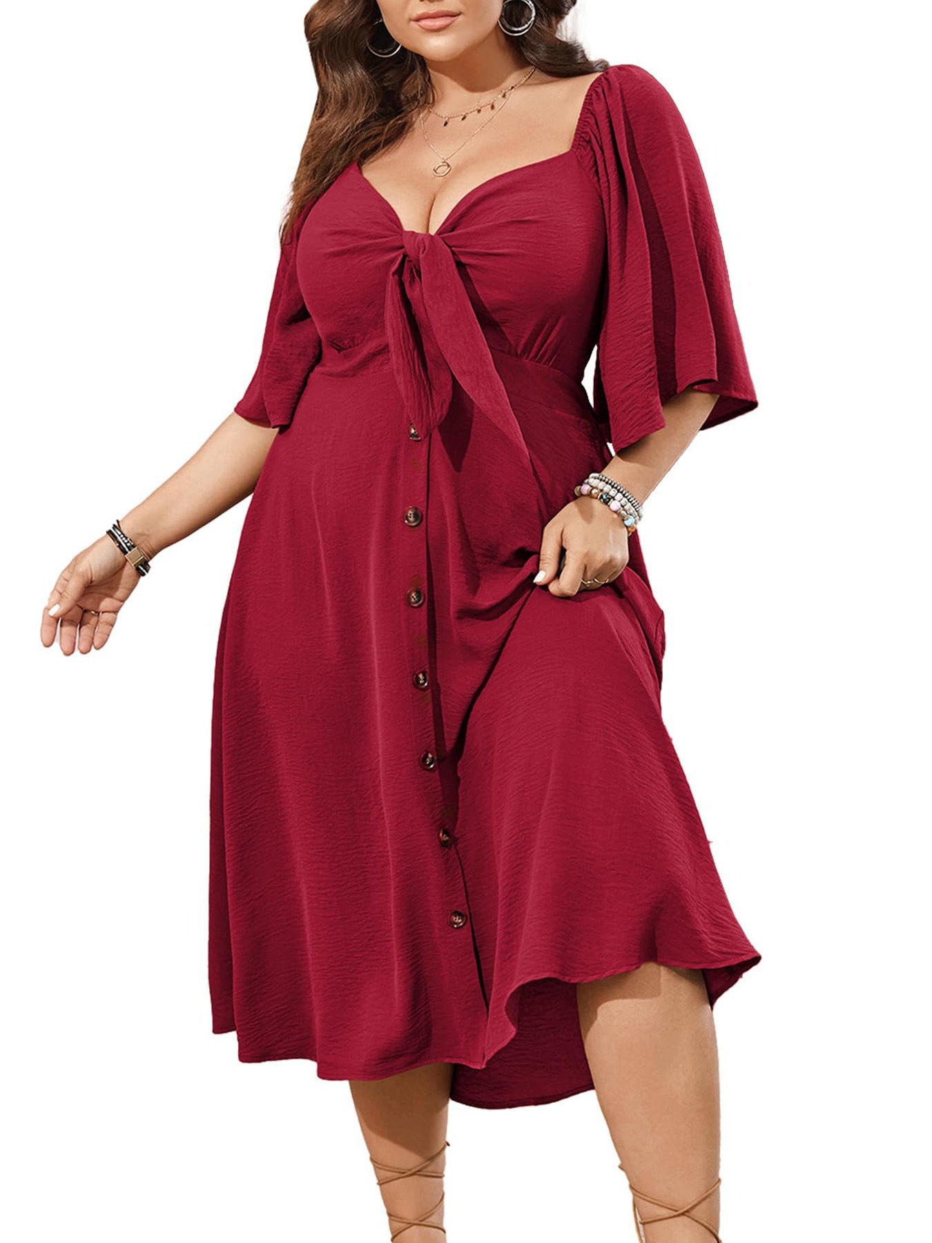 Women's Fashion Bowknot V-neck Short Sleeve Dress