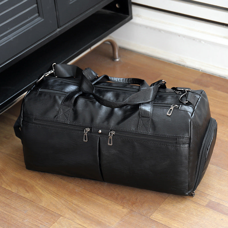 Large Capacity PU Leather Travel Bag Men Black Can Be Hung And Pulled