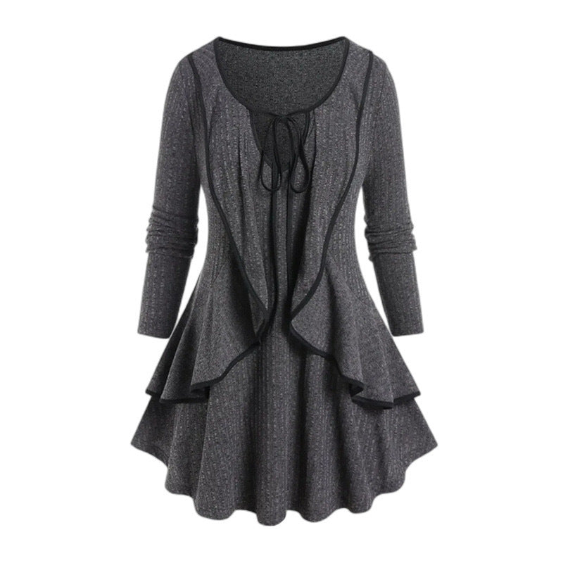 V-neck Lace-up Ruffled Temperament Commute Casual Long-sleeved Top