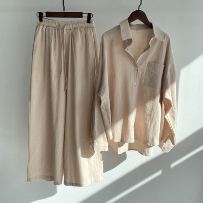 Cross-border Women's Ancient Cotton And Linen Shirt Outfit High Waist Loose Trousers