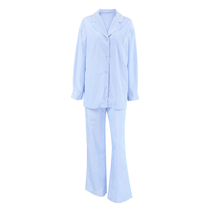 Blue Striped Women's Loose Long Sleeve Two-piece Suit