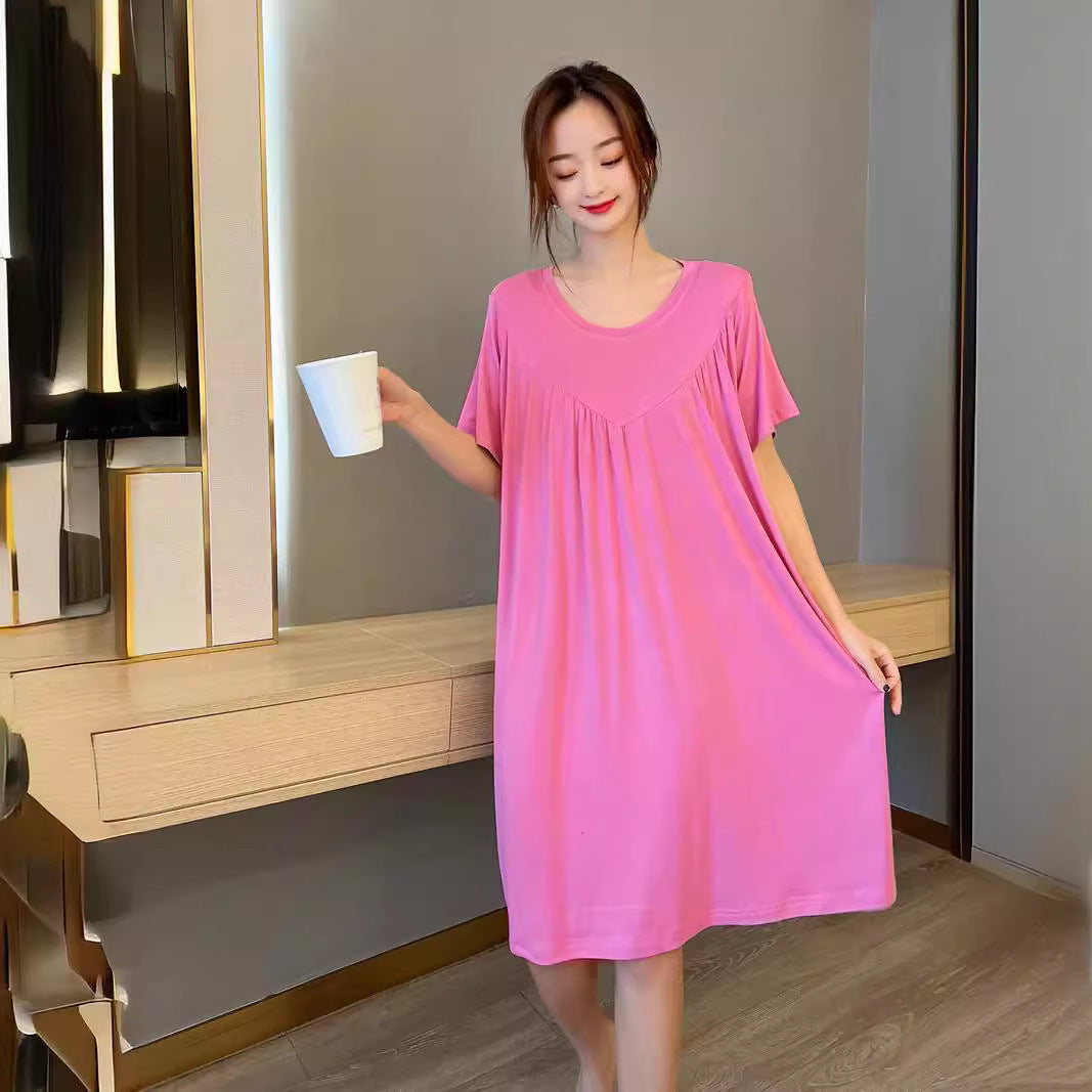 Loose Big Hem V-shaped Pleated Loose Belly-covering Short Sleeve Thin Nightdress