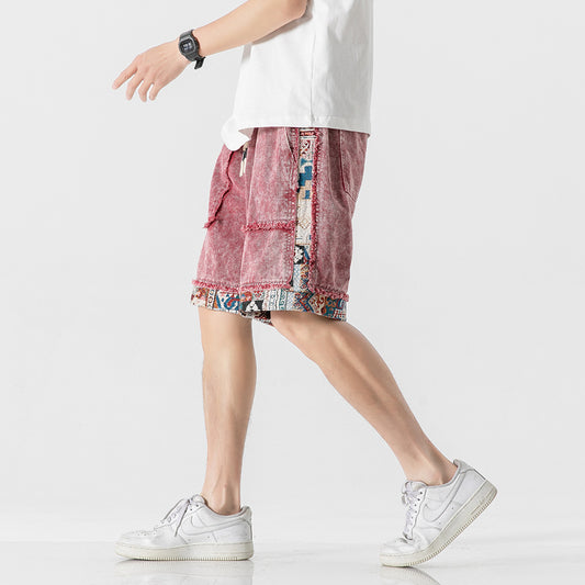 Color Contrast Patchwork Raw Edge Denim Shorts Men